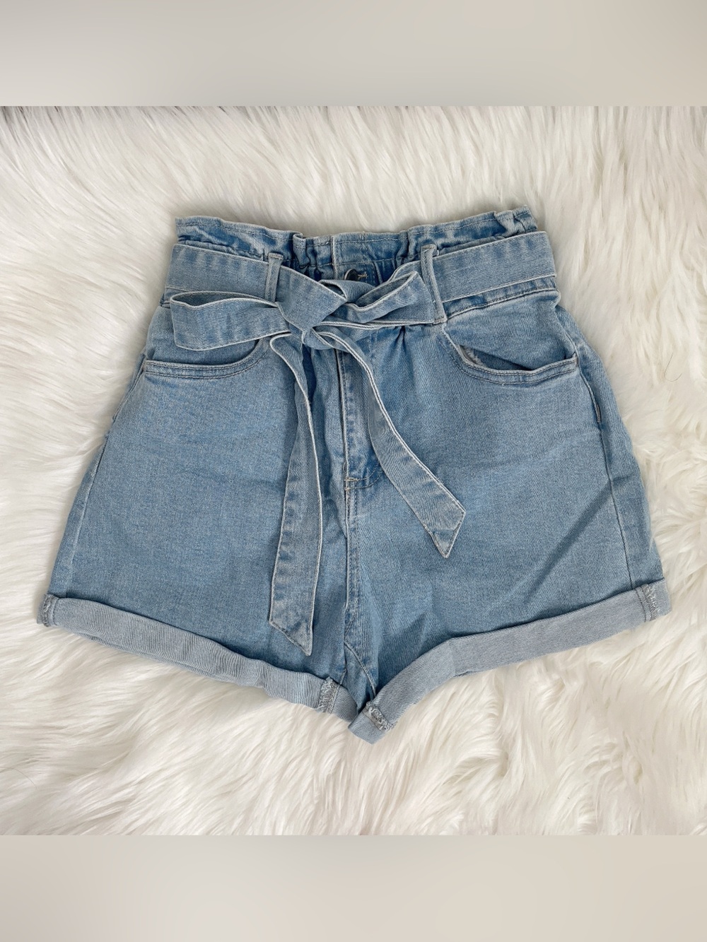 Black Label Light Blue Denim Paperbag Waist Tie-Belt Shorts